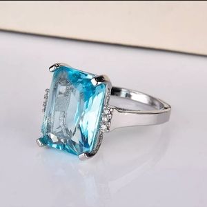 Silver Zircon Simulated Aquamarine Ring